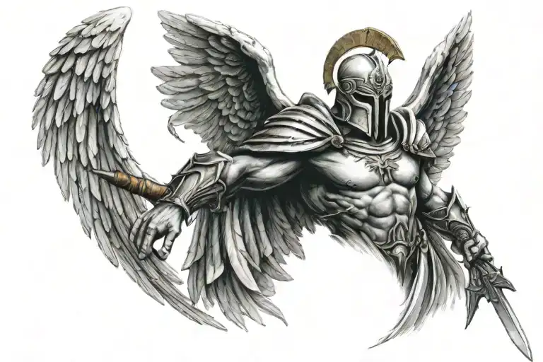 Arch Angel With Spartan Mask Holding Sword Facing Forward With Wings Spreading