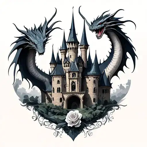 Gothic Castle With Rosales And A Dragon