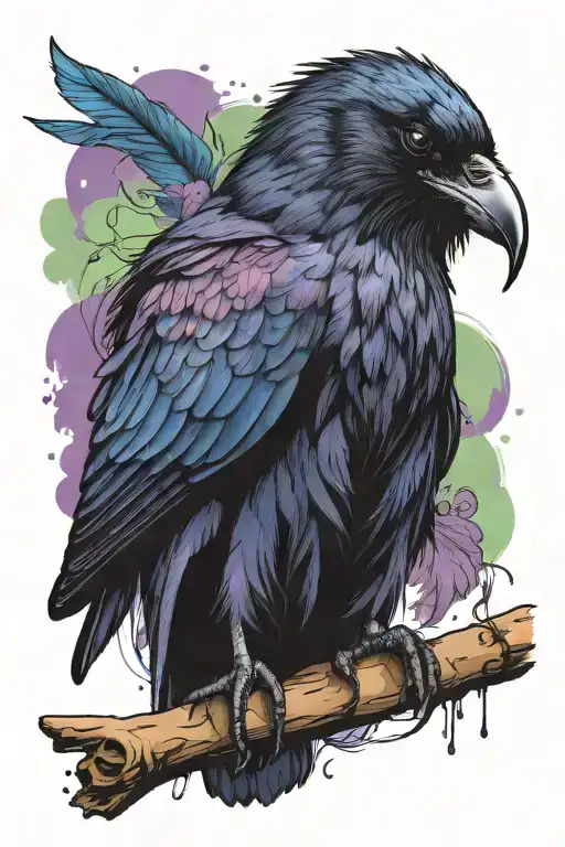 Black Raven With Minimal Purple Blue And Green Highlights Sitting