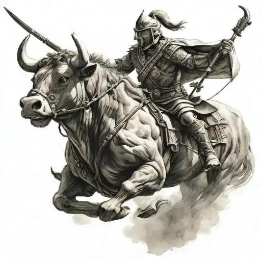 Warrior Riding A Bull Holding A Bow And Arrow Design