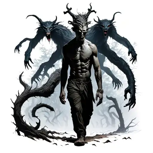 Man Walking Through Dark Forest With Demons Lurking Around