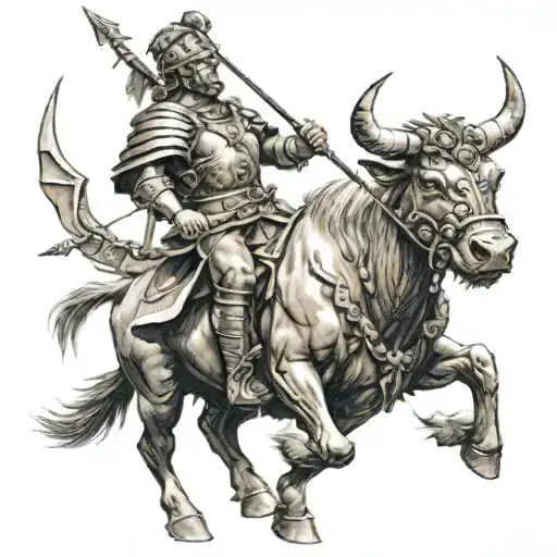 A Roman Warrior Riding A Bull Holds An Arrow In Her Hand