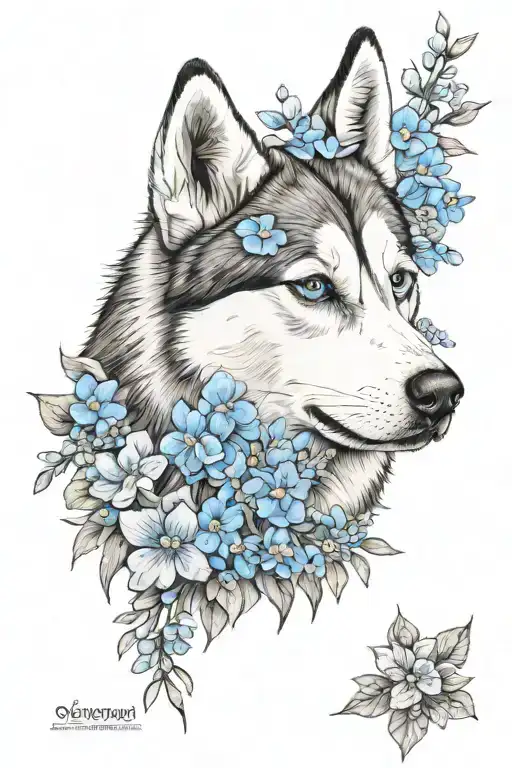 Siberian Husky With Forget Me Not Flowers