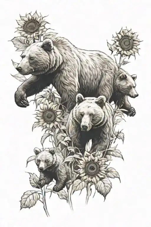 Two Big Bears With Two Cubs Playing Sunflower Field