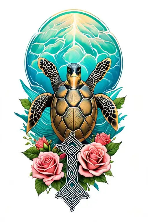 Realistic Sea Turtle And Roses And Celtic Cross