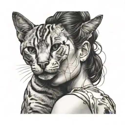 Side View Of Woman And Cat Face Snuggling Outline