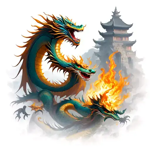 Japanese Dragon Spitting Fire On Temple Ruins