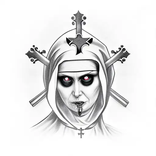 Possesed Nun With Broken Rosary Beads Stabbed With A Sharpened Cross