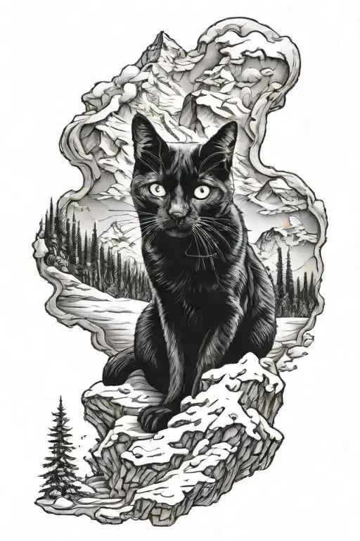 Black Cat With Mountains Full Of Snow