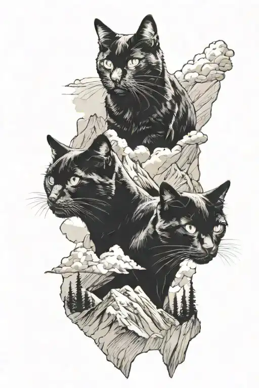 Two Black Cats With Mountains In The Background