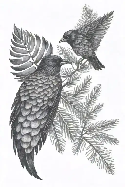 I Want A Pine Cone With Fir Branches In The Background With A Crow