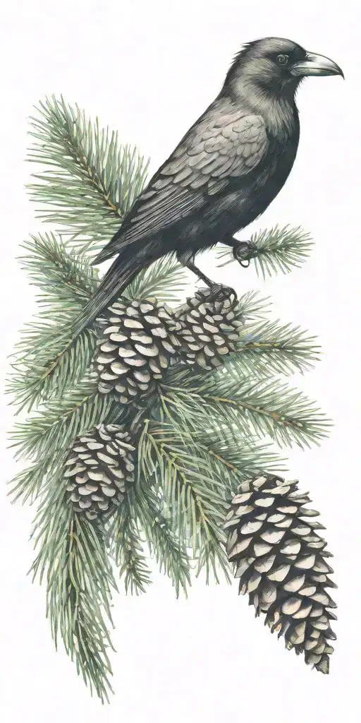 I Want A Pine Cone With Fir Branches In The Background With A Crow