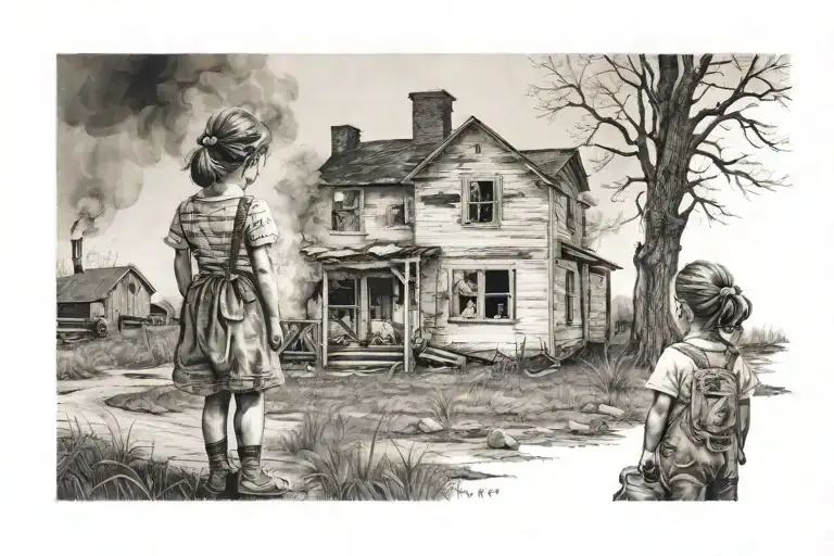 Little Girl Watching A Farmhouse Burn