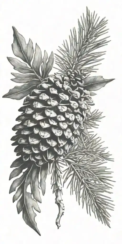 Pine Cone With Pin Branch Long Black And White
