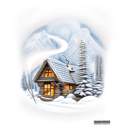 Mountain Hut With Fire And Deer