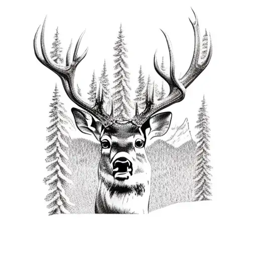 Big Deer With Mountain Hut And Fire