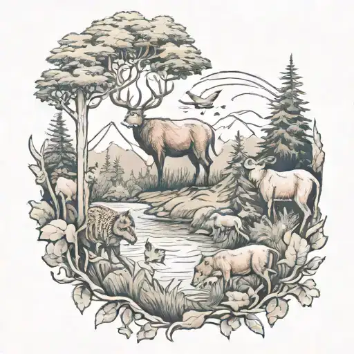 Forest Landscape Tattoo Featuring Wild Animals