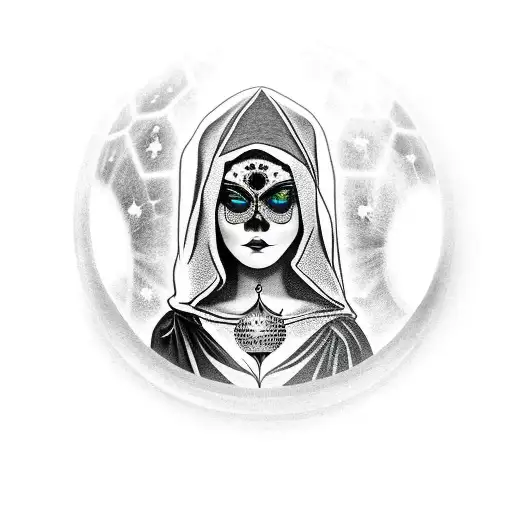 Hooded Dark Lady Holding Crystal Ball With Black Hidden With Crow