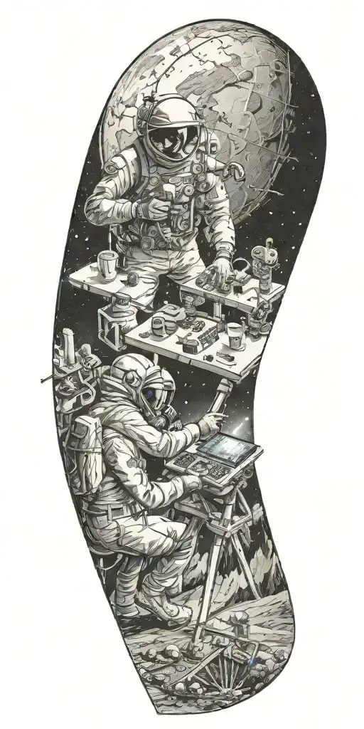 A Satellite Engineer Working On A Satellite In Space With A Golf Course Below