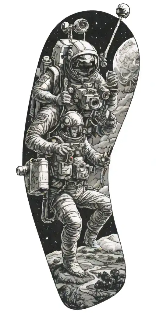 A Satellite Engineer Working On A Satellite In Space With A Golf Course Below