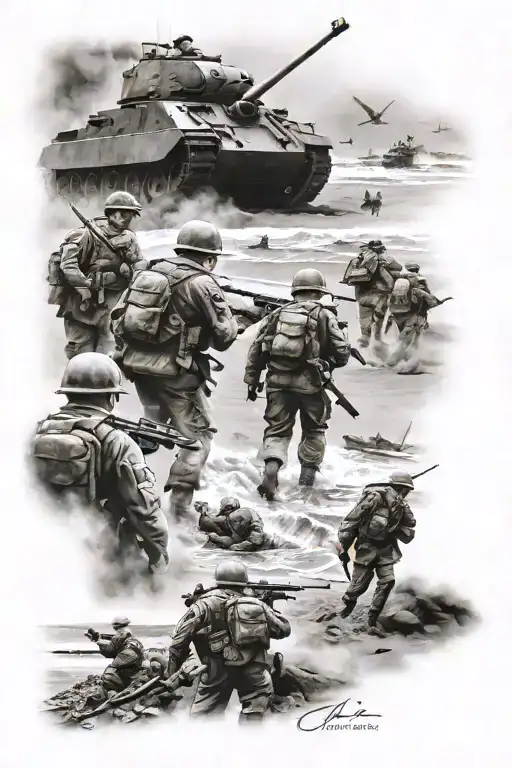 Omaha Beach Invasion Scene With Military