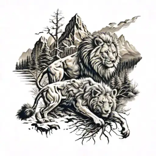 A Hunting Scene In The Mountains With A Lion And Wolf Working Together To Catch Their Prey