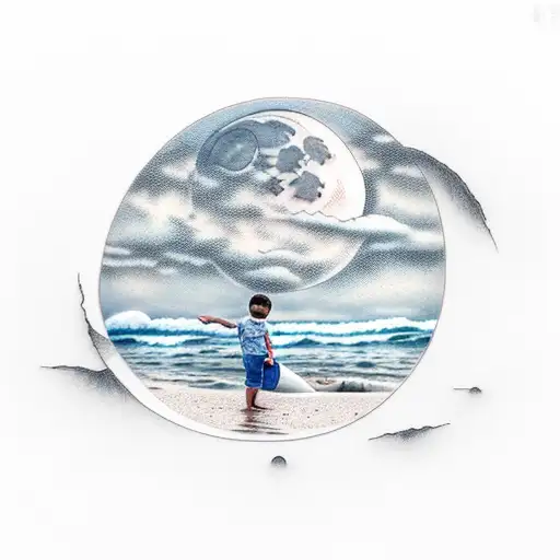 Beach With Moon & Mom And Son