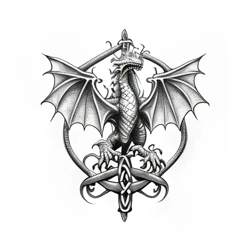 A Dragon Surrounded By Harry Potter Wand Magic Fight With A Celtic Cross On It