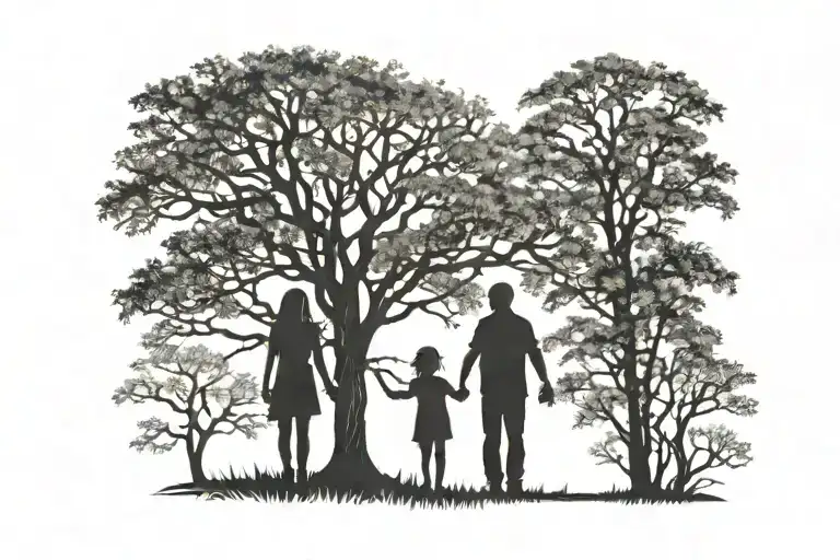 A Silhouetted Family 4 Holding Hands Under A Tree