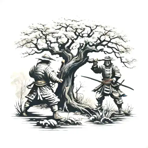 Two Samurai Under The Old Tree Fighting Dark Figuers