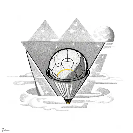 Astronaut Flying Holdin A Baloon In A Shape Of Volley Ball Exiting Space In A Shape Of A Triangle