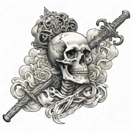 The Skeleton Is Lying On A Cloud With Ten Swords Stuck In Its Back