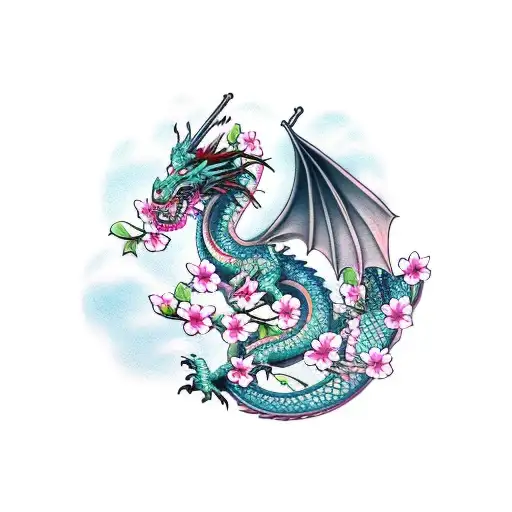 Dragon And A Pink Cherry Blossom Tree