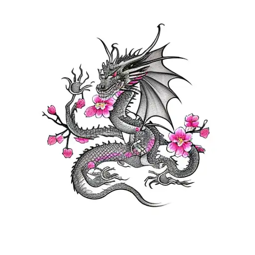 Dragon And A Pink Cherry Blossom Tree