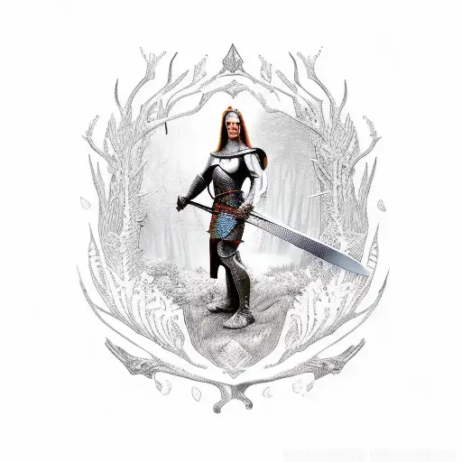 Medieval Woman Warrior With A Sword In A Mystical Forest