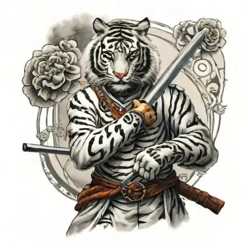 White Tiger Samurai Holding A Katana Sword