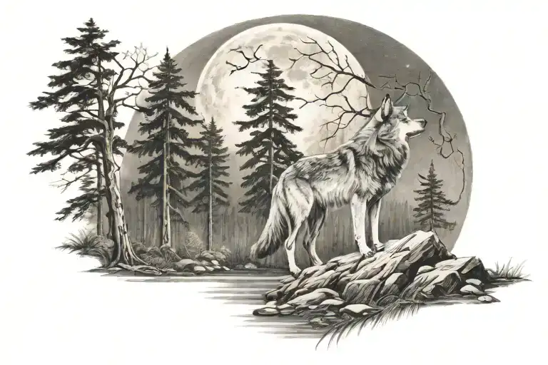 Wolf Howling At The Moon In Woods Scene Inside