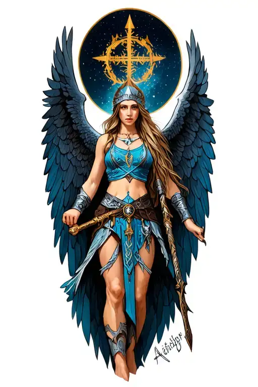 Valkyrie With Wings And Spear In One Hand Freya Rune On Face Aegishjalmur Symbol Above Valkyrie