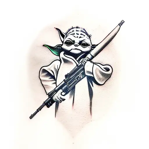 A Minimalist Tattoo Of A Hunting Rifle With A Silhouette Of Baby Yoda Sitting On Top