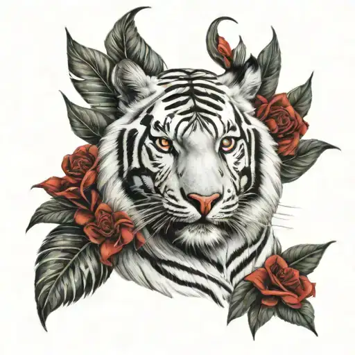 White Tiger With Red Flowers