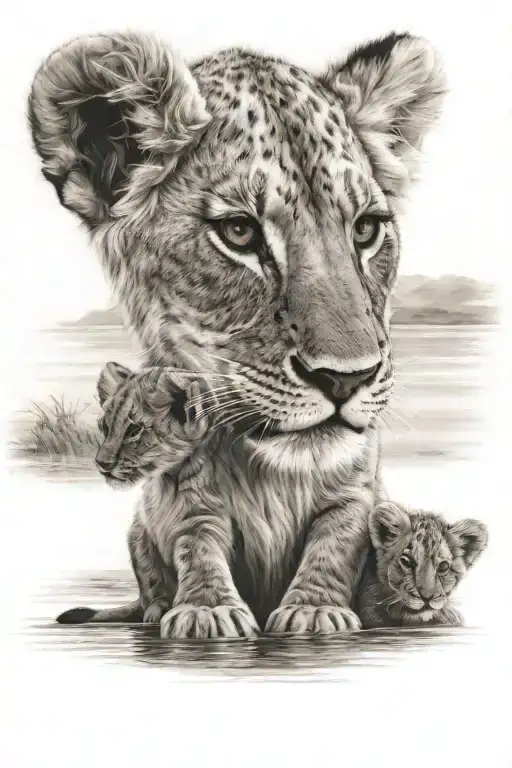 Lion Cub Looking At Lake And Seeing His Parents Looking Back From Within Him