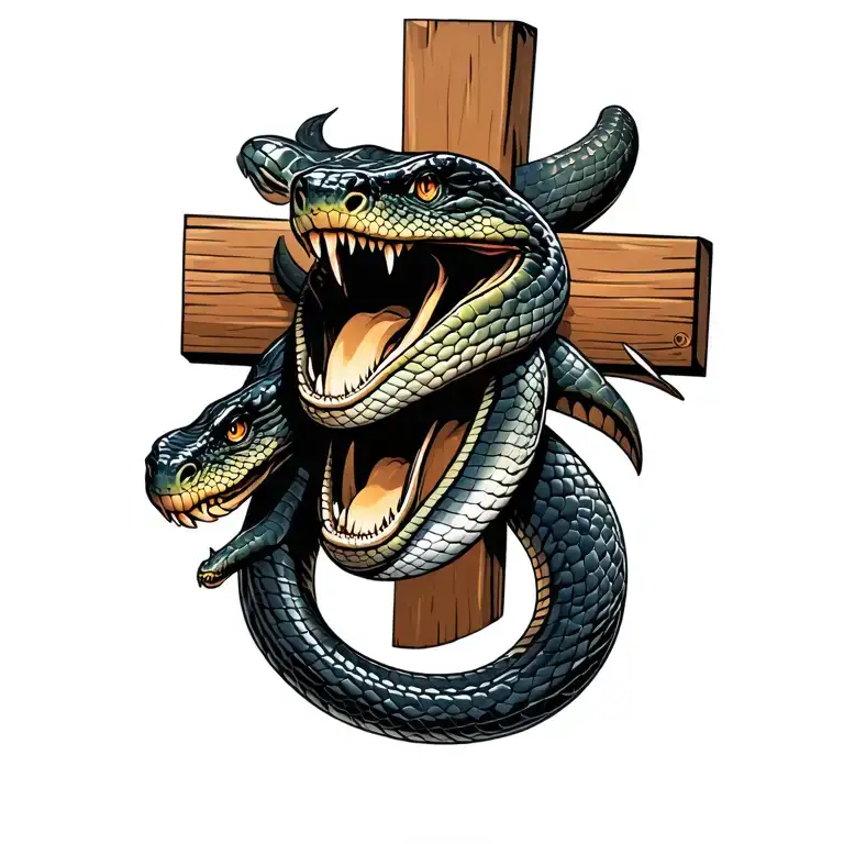 Cobra Snake With Open Mouth Wrapped On Old Wood Cross Wrapped
