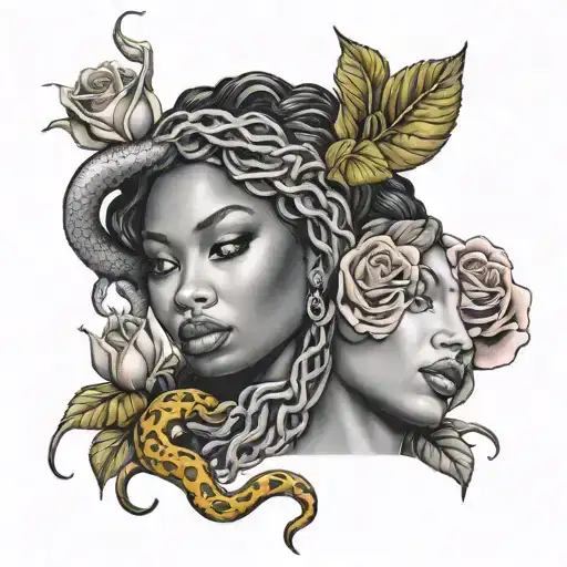 Two Half Black Woman Face Behind Snakes And Roses Color