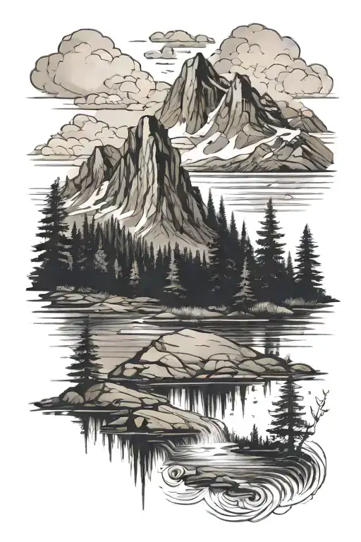 Mountain Lake Scene With Shoreline At Middle