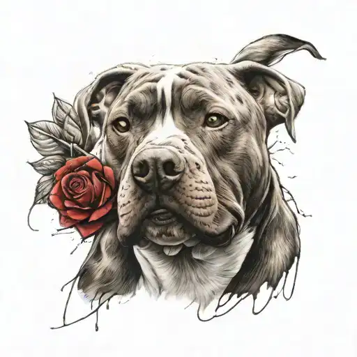 Smiling Brindle And White Pitbull With A Red Rose Surrounded