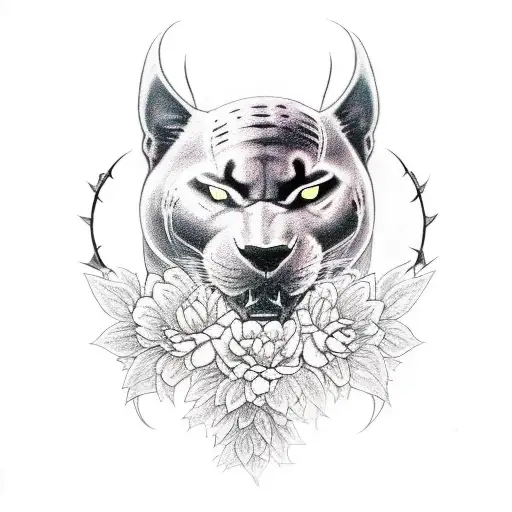 Black Dragon With Red Eyes Shrouded In Flowers With A Black Panther Below It