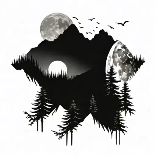 Forest With Mountains And Moon