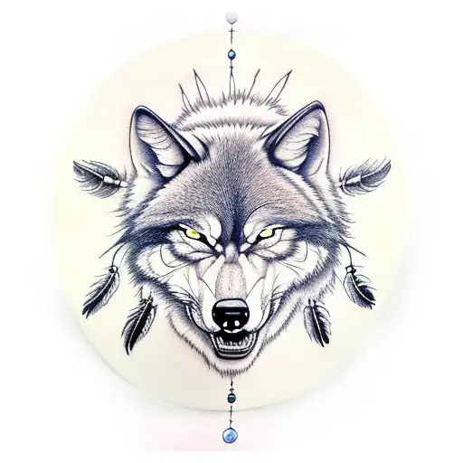 Dream Catcher With An Angry Wolf Head In The Center