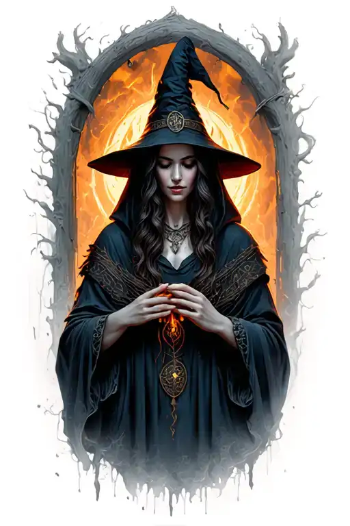 Conjuring Witch In Hood Looking Downward Glow Reflection