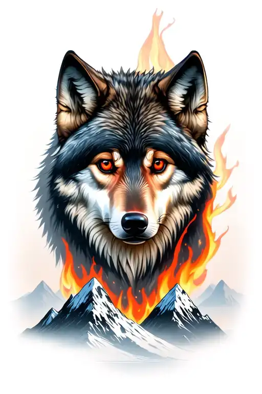 Wolf With Red Eyes Surrounded By Mountains And Fire